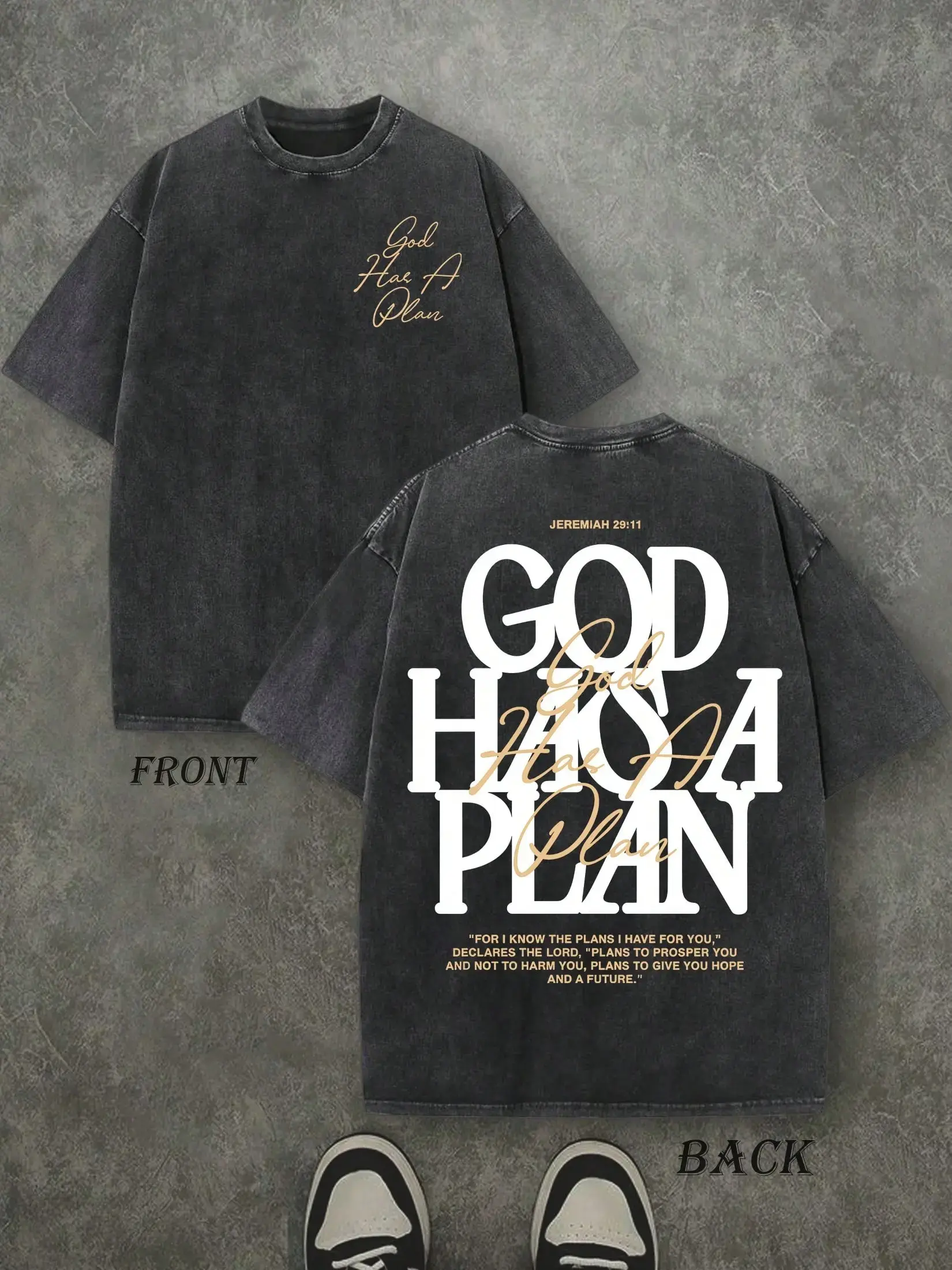 Heavyweight Cotton Tee, Unisex Vintage Washed Loose Fit Shortsleeve Christian Streetwear with "God Has a Plan" Double-Sided Print, Menswear, Baggy, Herringbone, Tops, Casual, Oversize, Christian Clothing