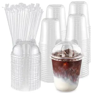 20/50 Disposable Transparent Plastic Clear Cups with Panda Lids and Straws, Easy Grip Design, Perfect for Ice Coffee, Milk Tea, Smoothies, Disposable Tableware