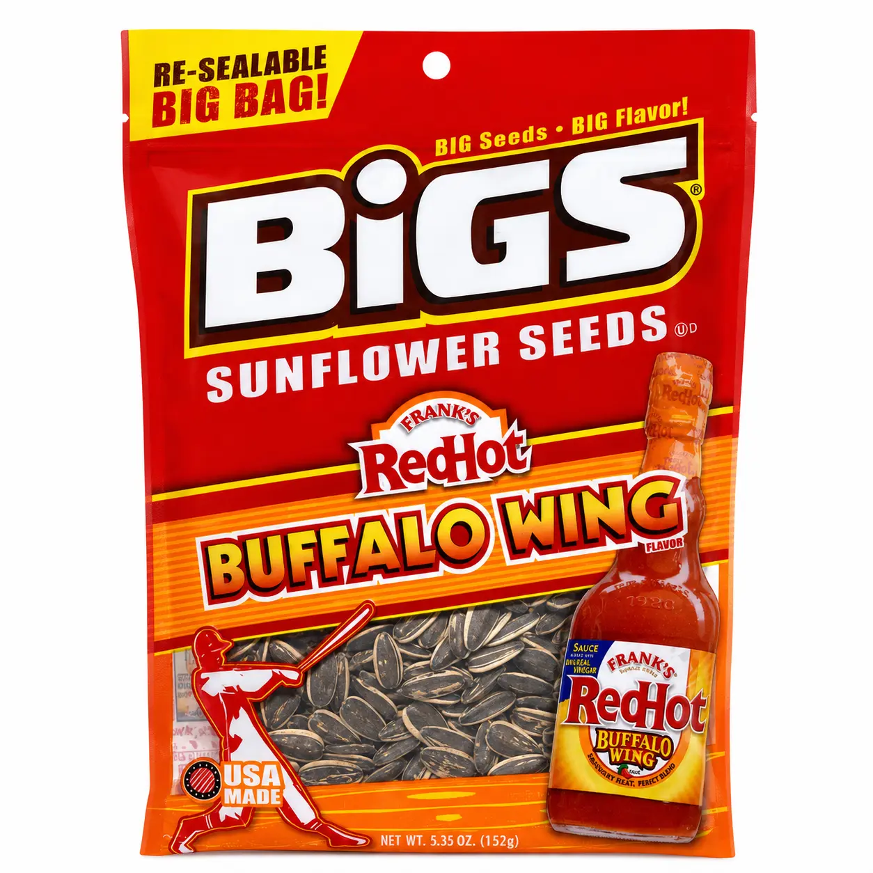 BIGS Bold-and-Tangy Spicy Buffalo Wing Flavor Sunflower Seeds Snack Bag - 5.35oz, High Protein, Convenient Resealable, Ideal for Watch Parties, Baseball Games, Road Trips