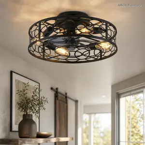 20" ARCH Caged Bladeless Ceiling Fan with Light and Remote Control, 6-Speed Reversible Flush Mount Fan for Bedroom, Living Room - Bulbs Not Included, Fans