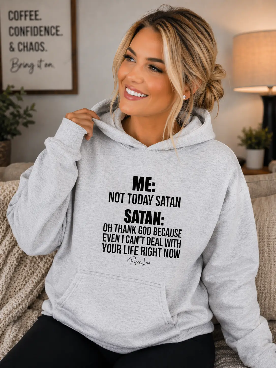 Women's Soft "Satan Oh Thank God" Graphic Hoodie, Reduced-Pilling Cotton-Polyester Pullover with Front Pouch Pocket, Sweatshirts