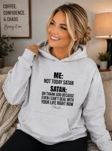 Women's "Satan Oh Thank God" Graphic Hoodie, Polyester-Spandex Yarn Fabric, With Pocket