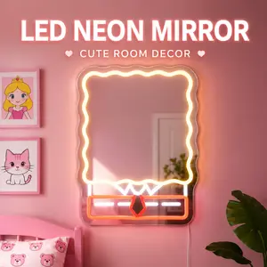 Cute Square Neon Mirror LED Wall Decor for Bedroom Game Room Retro Diner Setup with Warm Glow and Cartoon Design