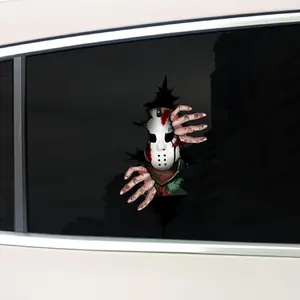 Jason Mask Horror Halloween Vinyl Sticker, 3D Broken Window Sticker, Decor For Laptop Phone Car