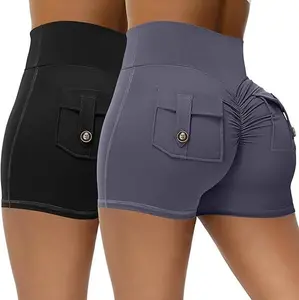 Workout Shorts with Pockets Charm Gym Biker Shorts for Women High Waisted Booty Yoga in Black & Grey Colors