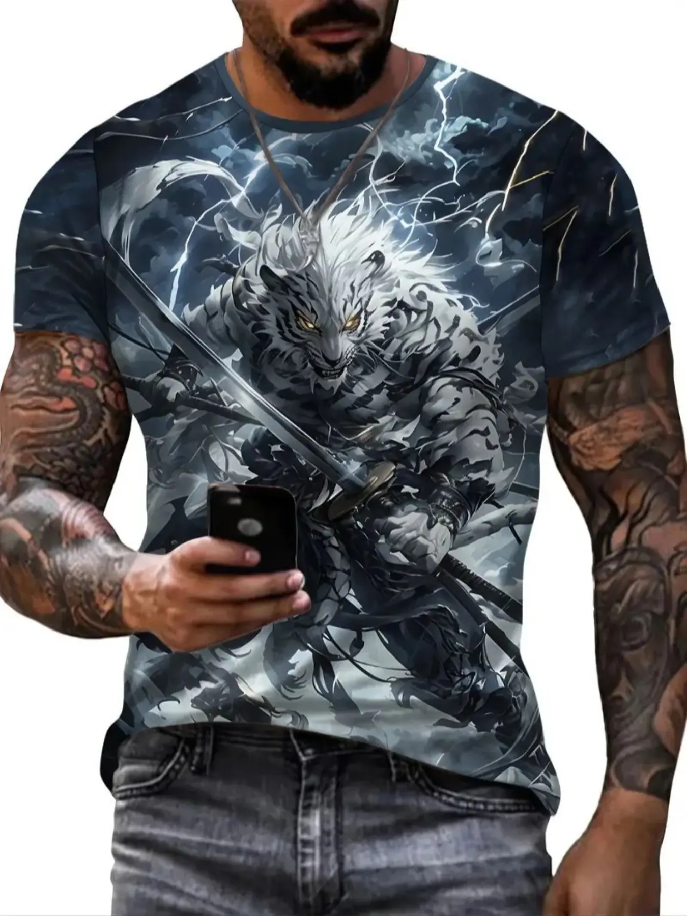 Men's Wolf Warrior Print T-Shirt, Menswear, Round Neck, Soft Polyester Fabric, Breathable Summer Top, Casual & Formal Wear, Fitted, Minimalist Streetwear Style