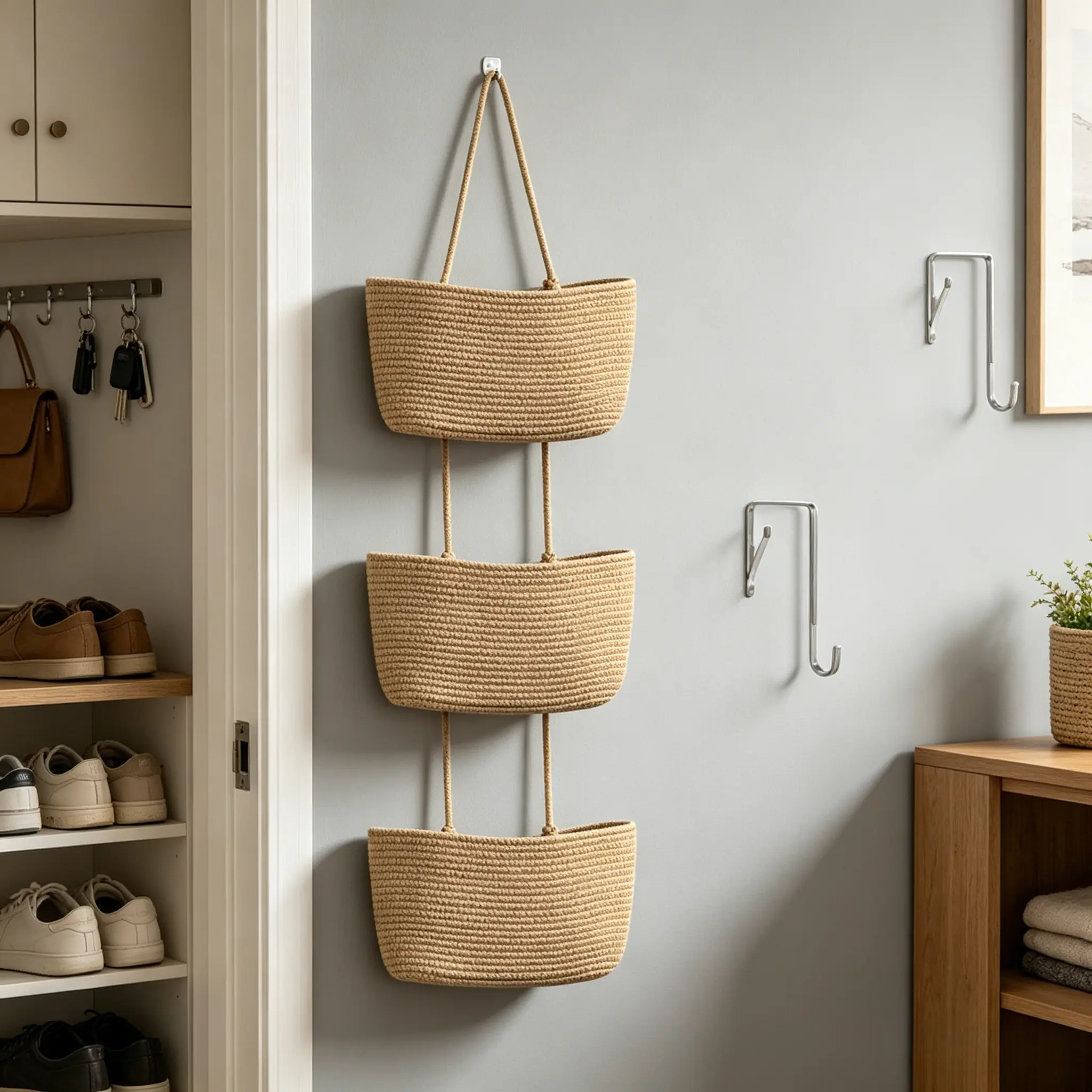 Small woven cotton jute basket 3-tier wall-mounted hanging organizer over the door wax-covered storage bag decorative nursery caddy for ideal shelf room storage gift hook cosmetics baby shower weaving hangable easter