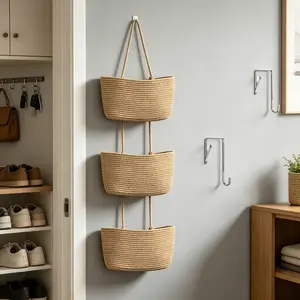 Small woven cotton jute basket 3-tier wall-mounted hanging organizer over the door wax-covered storage bag decorative nursery caddy for ideal shelf room storage gift hook cosmetics baby shower weaving hangable easter