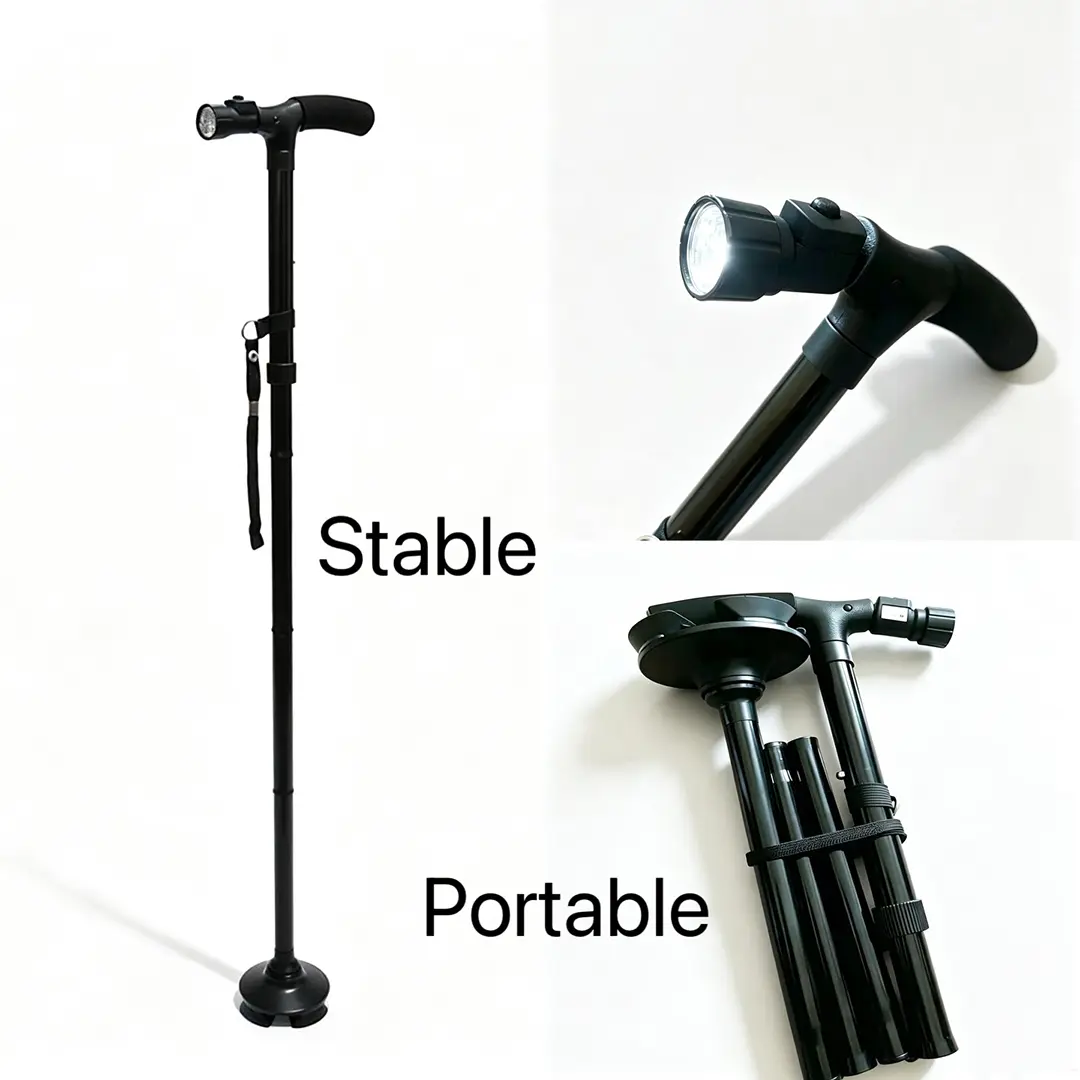 Adjustable Collapsible Cane with Angle-Adjustable LED Light, Sturdy Durable Design, Rubber Base, Height Customization for Elderly Mobility Support & Camping Hiking Use