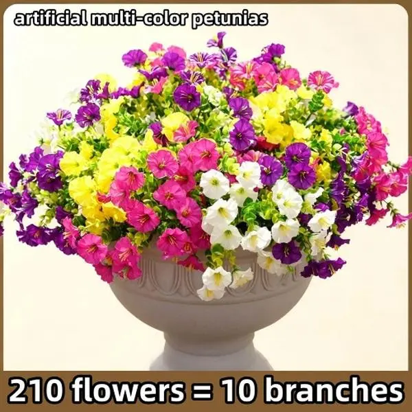 8pcs of artificial multi-color petunias, realistic green eucalyptus branches and leaves, suitable for high-quality plastic hanging decorations for outdoor use, balcony and terrace flower boxes, spring and summer decorations, wedding decorations,