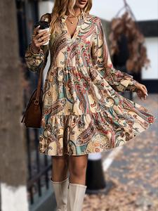 vintage women's paisley print ruffle hem smock dress, boho notched neck bishop sleeve short dress for daily wear, ladies clothes for all seasons, going out outfits 2024 black girl outfits for christmas, moo moo dresses