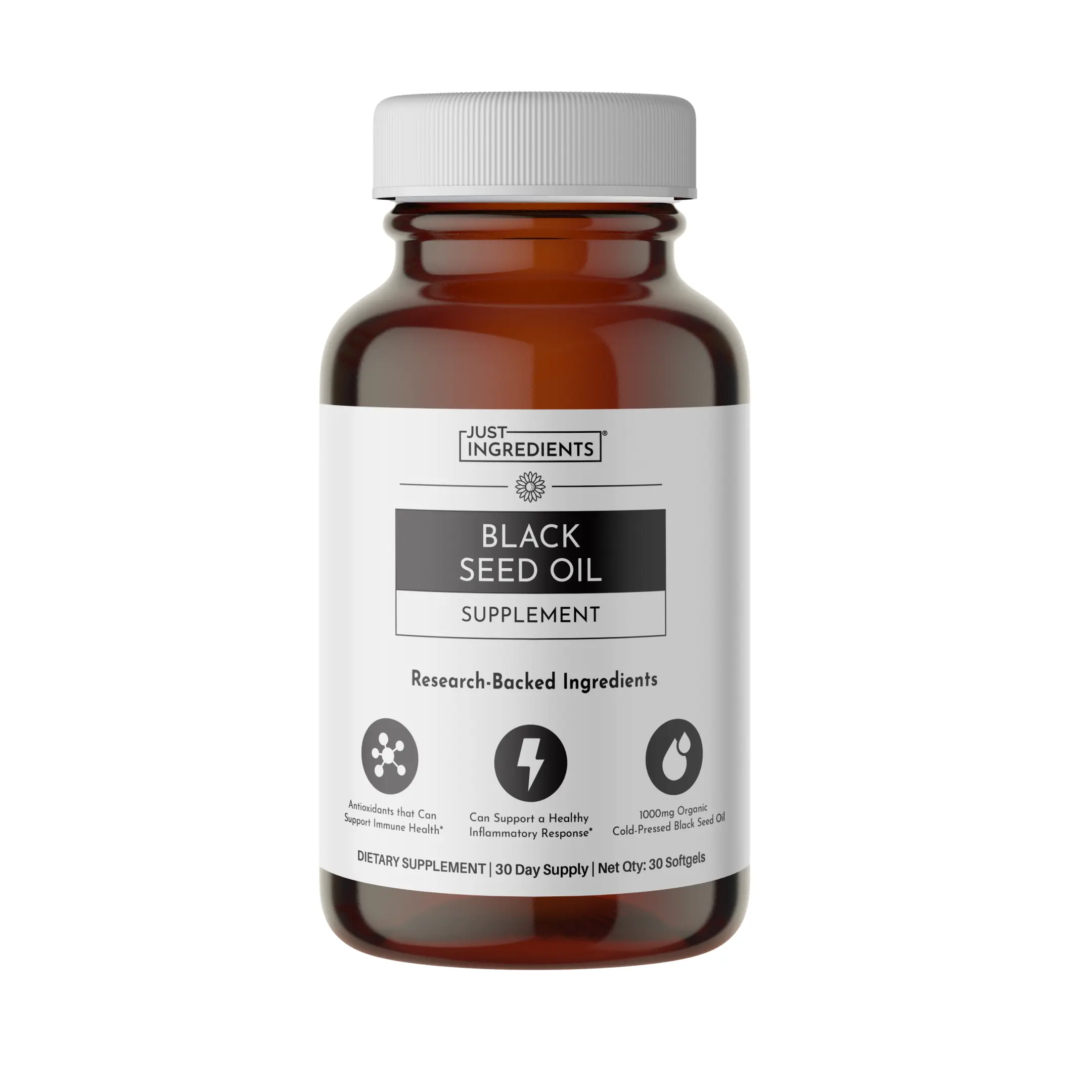 Just Ingredients Black Seed Oil Supplement - 1000mg Cold-Pressed Capsules for Antioxidant Activity - 30 Day Supply