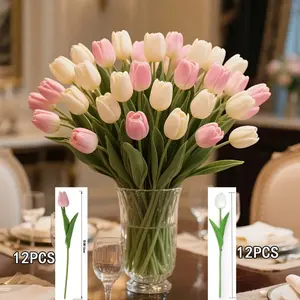 24pcs Real Touch Artificial Tulip Flowers Bouquet - Realistic Multi-Bloom Tulips with Foliage, Plastic Decorative Flower Wedding/Valentine's/Mother's Day Decor Suitable for Home, Table Centerpiece, Easter, Spring Events - No Maintenance Indoor/Outdoor Use
