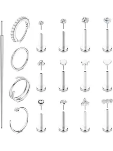 16Pcs Tragus Piercing Jewellery for Women 316L Steel Nose Rings Studs Threadless Push in Flat Back Earrings Hypoallergenic Nose Labret Lip Piercing Jewellery Body Piercing Jewelry 18G 20G