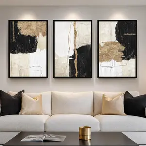 Framed Black and White Abstract Wall Art for Living Room, Large Gold 3 Piece Modern Canvas Prints Artwork for Walls, Black White and Gold Minimalist Paintings for Hallway Office Wall Decor, 24x36 Inch