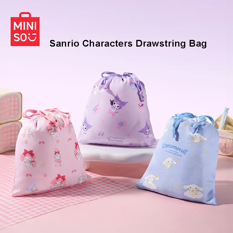 MINISO Sanrio Characters Drawstring Bag, Lightweight Cartoon Storage Pouch, Portable Multipurpose Bag, Kawaii Daily Organizer, Perfect Gift for Sanrio Fans