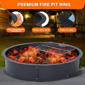 Fire Pit Ring Insert 32 inch, Outdoor Fire Pit Liner Round Solid Steel Fire Ring with Cooking Grate, Heavy Duty Metal Steel Firepit Rings for Outside Wood Burning DIY Camping Patio Yard Garden, Black