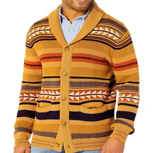 Men's Contrasting Color Jacquard Knitwear Cardigan Coat, Polyester Fabric Casual Tops