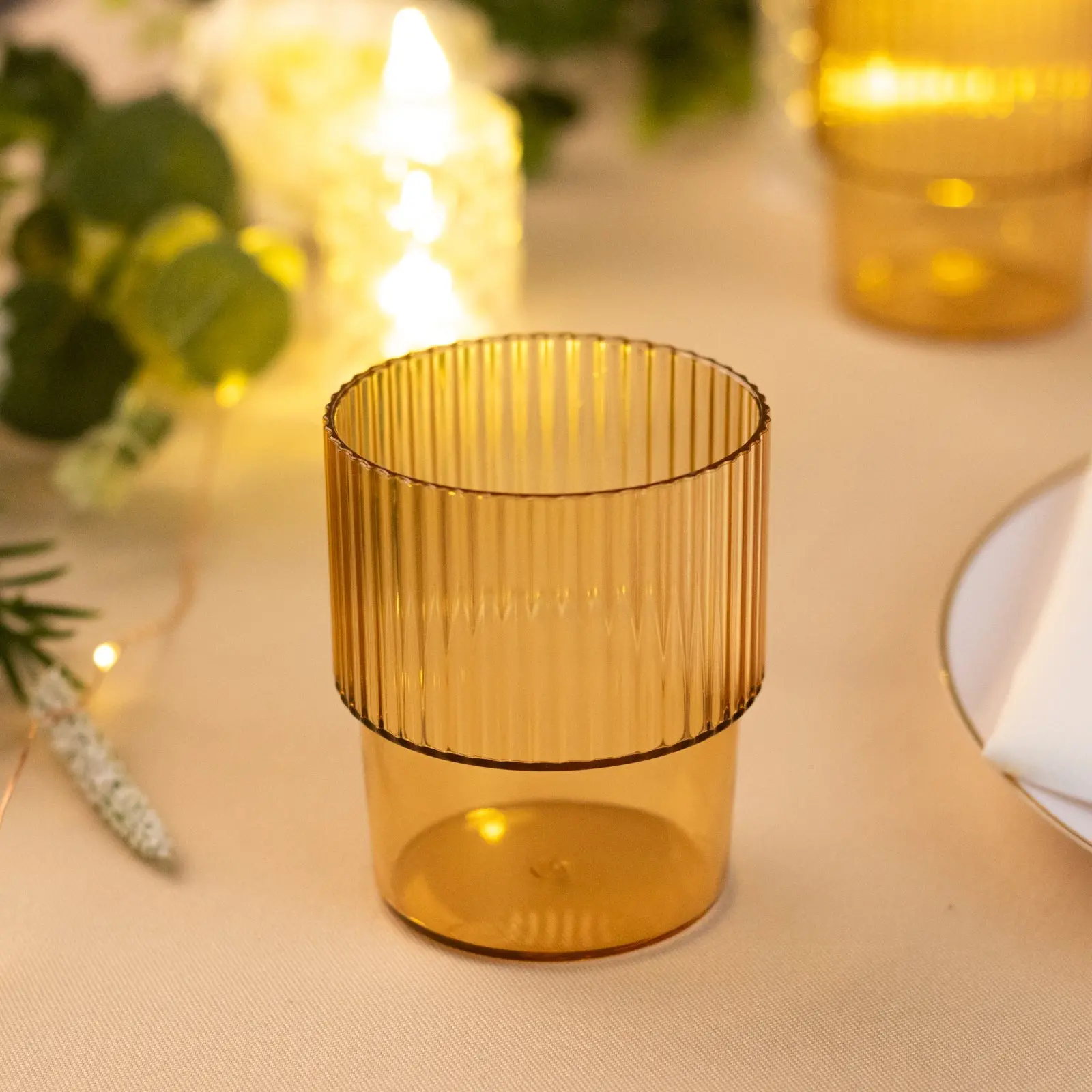 12-Pack Amber Gold Plastic Tumblers 7oz, Stackable Ribbed Pattern - Shatterproof Short Drinking Glasses