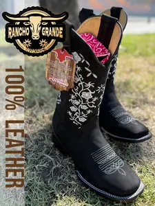 Rancho Grande Lady's Rodeo Boots Cowgirl Boots Mod-416 100% Nobuck Leather Black with Floral Embroidery Design