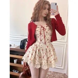 2025 New Sweet Floral Dress Set Woman Casual Red Short Cardigan Elegant Lace Y2k Mini Dress Beach Korean Fashion Clothing Suit