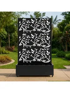 Tree Grain Metal Privacy Screen With Planter Box, 72" H X 47" W Outdoor Privacy Screens And 3-Panels, Garden Decorative Planter Box With Trellis