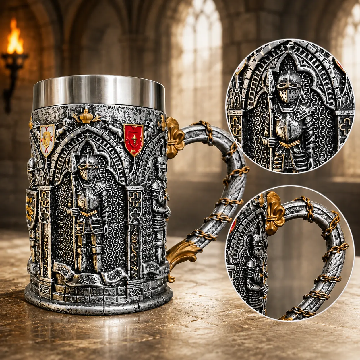 Armored Kingdom Knight's Vow Stainless Steel Cup - Heavy-Duty Medieval Steel Mug, Built for Daily Kitchenware Drinkware Use, Steel Mugs Drink Drinkware Castle Gothic Tumbler Washable Reuse Ceramic