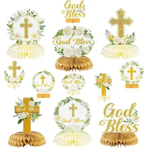 White Gold Floral Honeycomb Centerpieces - 12Pcs Rose Greenery God Baptism Honeycomb Centerpieces Baby Shower Decor for Boy Girl Party Decor 3D Table Toppers God Bless First Communion Birthday