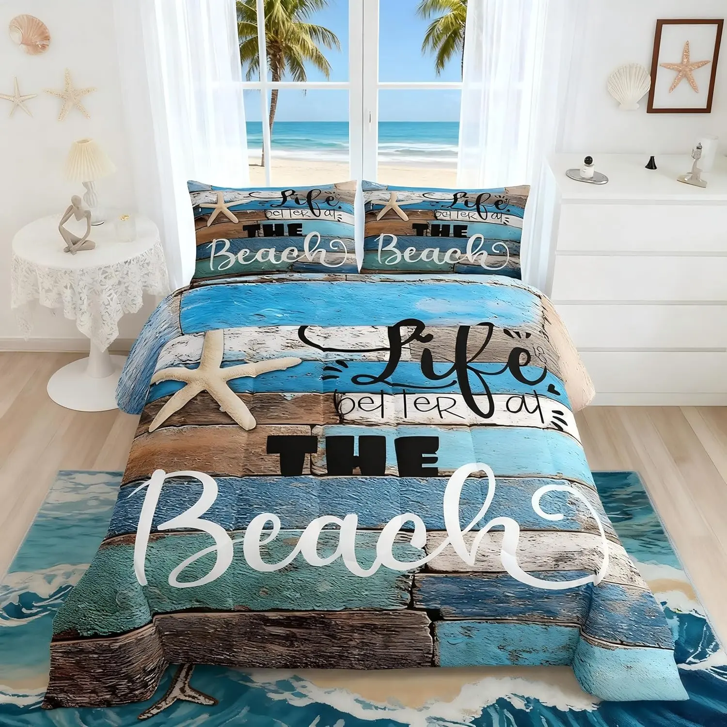 Feelyou Ocean Theme Comfy Breathable Digital Print Microfiber Bedding Set - Blue Rustic Farmhouse Wooden Design, Aesthetic Bedroom Duvet Set with Bed Sheets, Hawaiian Quilt for Women, Comfy Bedding Set