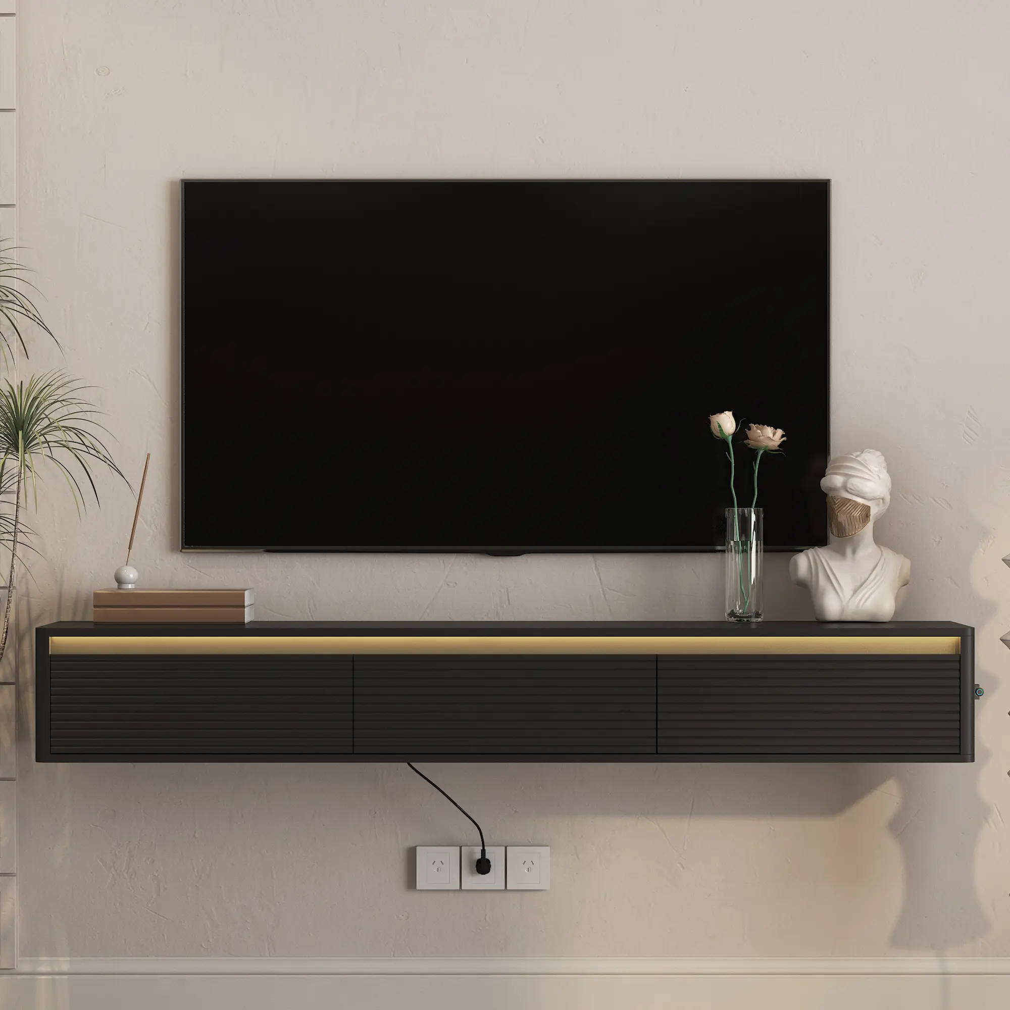 Wall-Mounted Floating TV Stand with LED Lights and Built-In Power Outlets, Fluted Black MDF Cabinet for Living Room Entertainment