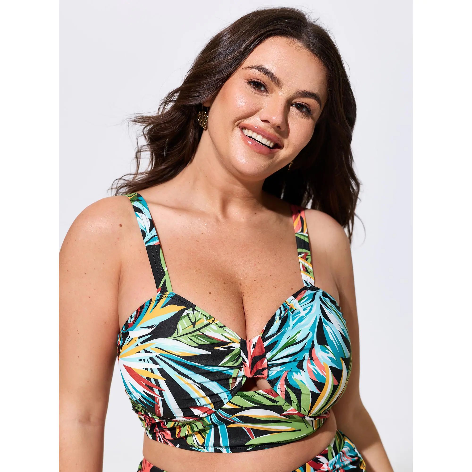 BloomChic Plus Size Ruched Coconut Tree Print Bikini Top with Adjustable Straps and Padded Cups, Chlorine Resistant Fabric, Coconut Tree Print Women's Tankinis Top, Polyester Blend, Tropical Print Swimsuit