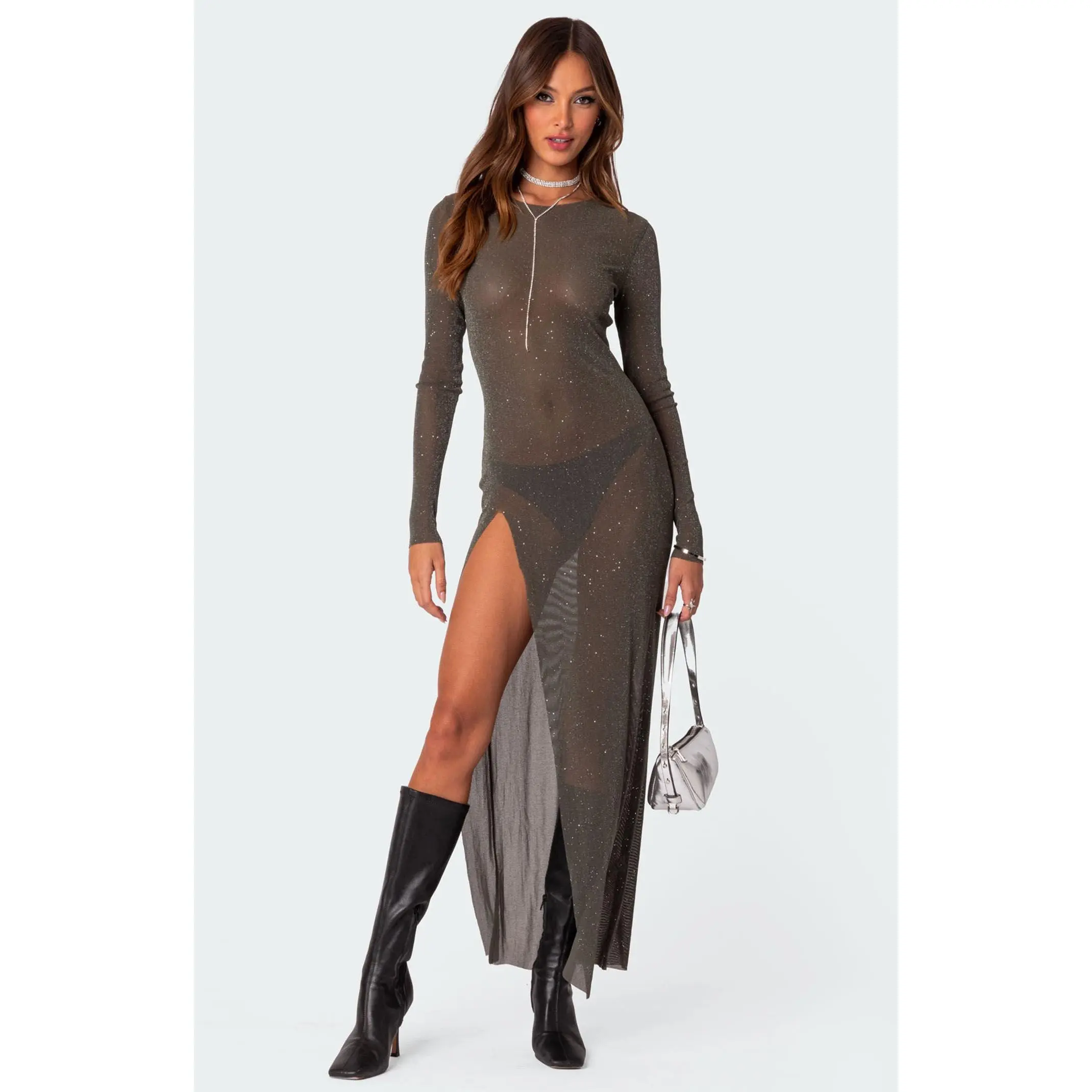 Edikted Women's Glitter Mesh Slitted Maxi Dress