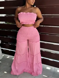 Plus Size 2 Piece Tube Top Set for Women – Strapless Fitted Crop Top and High Waist Wide Leg Pants, Chic Flowy Summer Vacation Outfit
