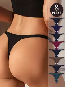 5/7/8 Pcs Women's Seamless Bikini Briefs, Lightweight Breathable Comfortable Thong Underwear, Invisible Low Waist Solid Color Panties, Lingerie, Intimates Panties