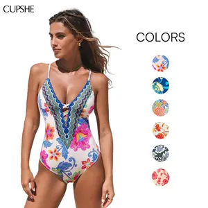 CUPSHE 【Valentine's Day】 Boho Floral One Piece | Sculpting Tummy Control Swimsuit, Plunging V-Neck & Adjustable Straps