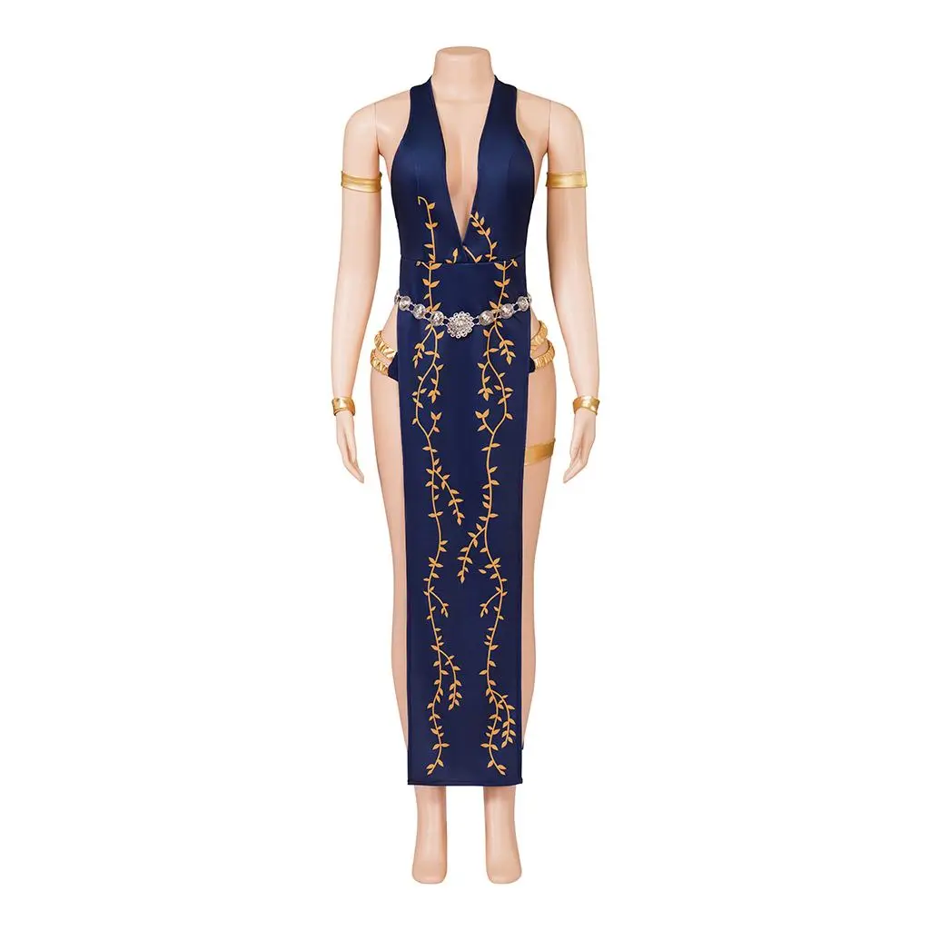 Queen Marika Cosplay Costume Women Sexy Halter Deep V Neck Dress Sleeveless High Slit Long Dress Halloween Costume