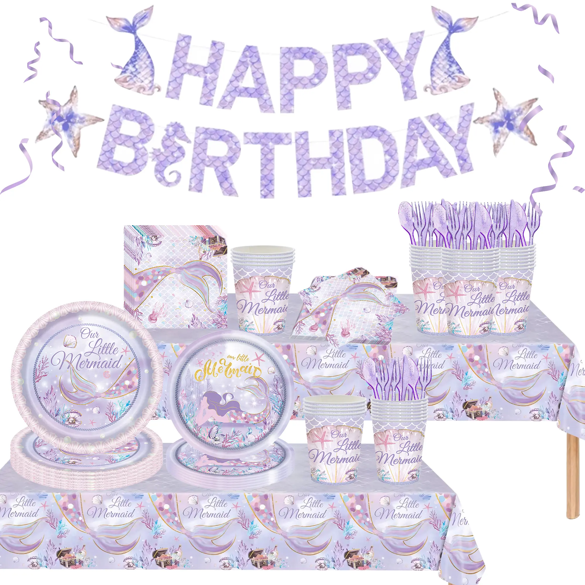 171 Count Disposable Tableware Birthday Party Supplies Mermaid Paper Plates Napkins Cups Plastic Tablecloths Mermaid Tableware Set Birthday Party Decorations Serves 24 Guests