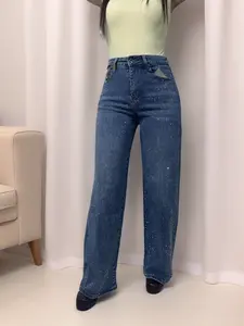 Kylie-Sparkly rhinestone wide leg jeans with a flattering high-rise fit and comfortable stretch denim.