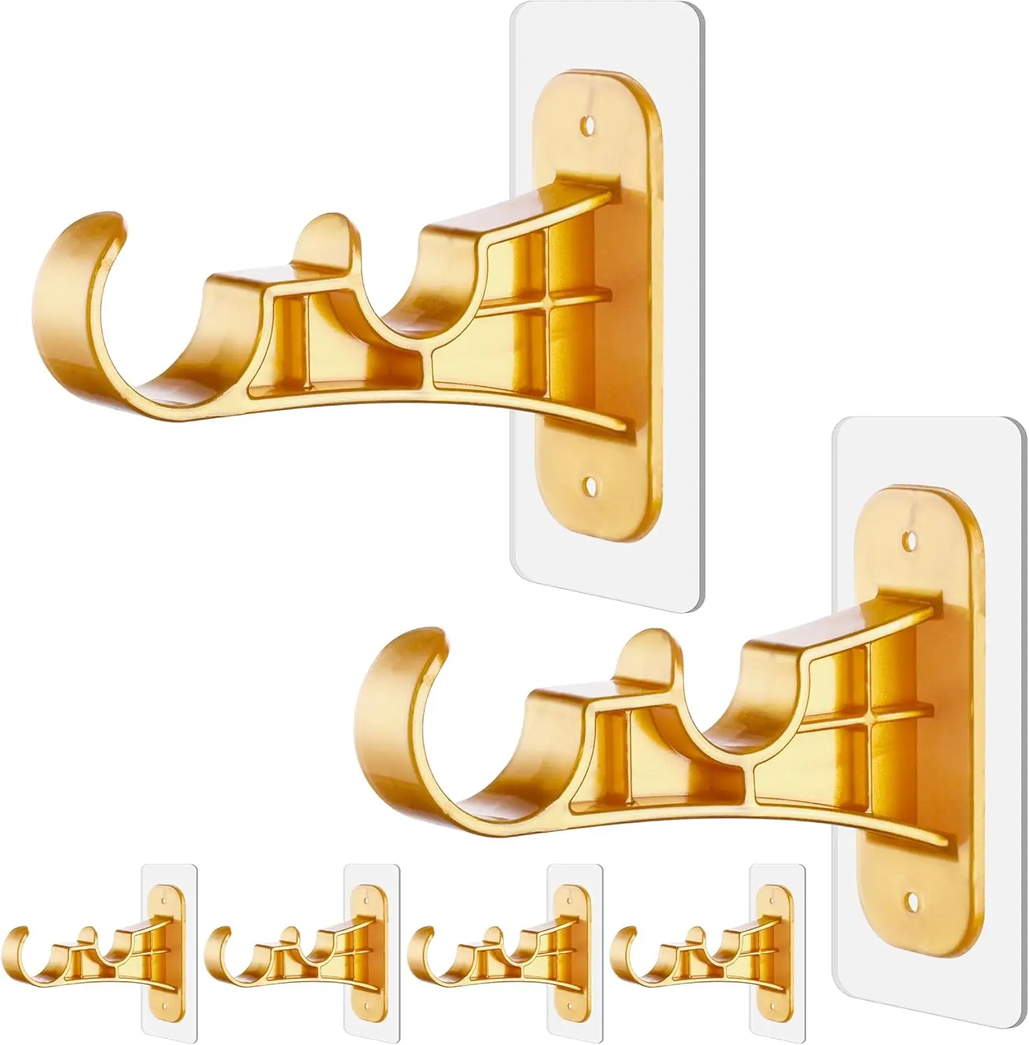 6-Pack Adhesive No Drill Double Curtain Rod Bracket, Adhesive No Drilling Curtain Rod Holder Hooks, Screw-Free Sticky Curtain Brackets Hangers for Home Kitchen, Bathroom, Living Room - Gold