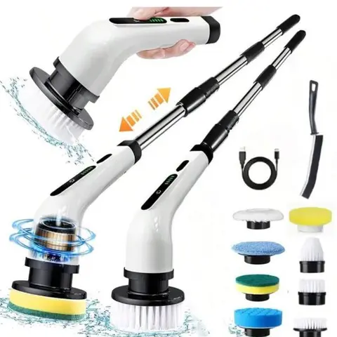 Multifunction 9-in-1 Cordless Rechargeable Electric Spin Scrubber - Heavy Duty Kitchen & Bathroom Cleaning Supplies, 1x Scrubber, 2x Extension Rods, USB-C Fast Charging, Easy Plug, Multiple Brushes, Ergonomic Adjustable Lightweight Design