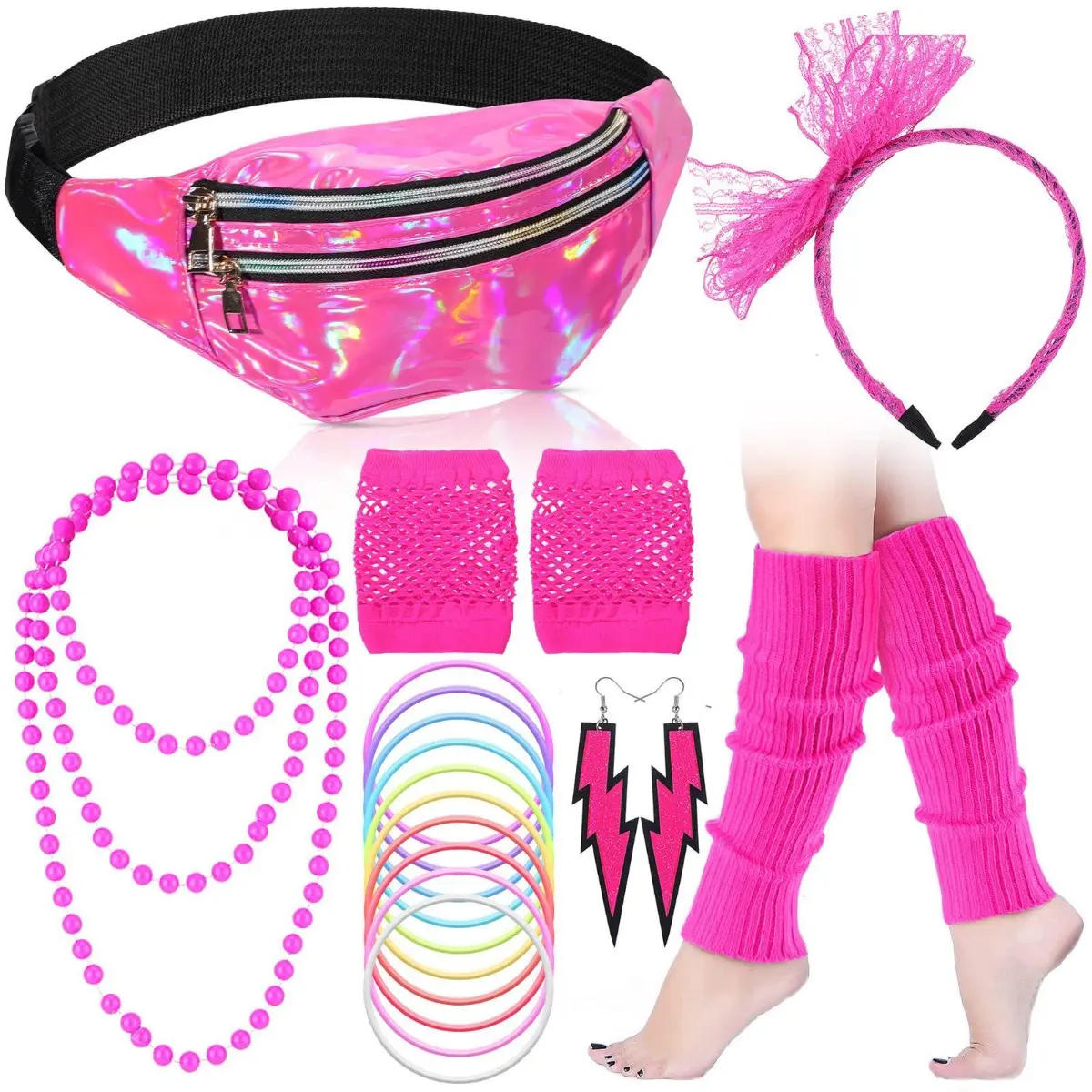 Women's 19-Piece 80s Costume Accessories Set, Retro Outfit with Holographic Fanny Pack, Acrylic Leggings, Silicone Bracelets and Lace Fabric Headband, Socks, Leather, Birthday, Clothes, Earrings, Cosplay, Fishnet, Necklace, Lady, Nylon, Water Proof, Style