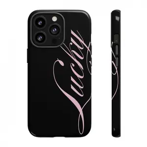 Lucky Script iPhone Case |   Tough Shockproof Durable Protection |   Daily Use & Commute & Gifting |   Pink Cursive Text on Black Minimalist Elegant Coquette Aesthetic (Compatible with iPhone 17/16/15/14/13/12/11 Pro Max/Plus)
