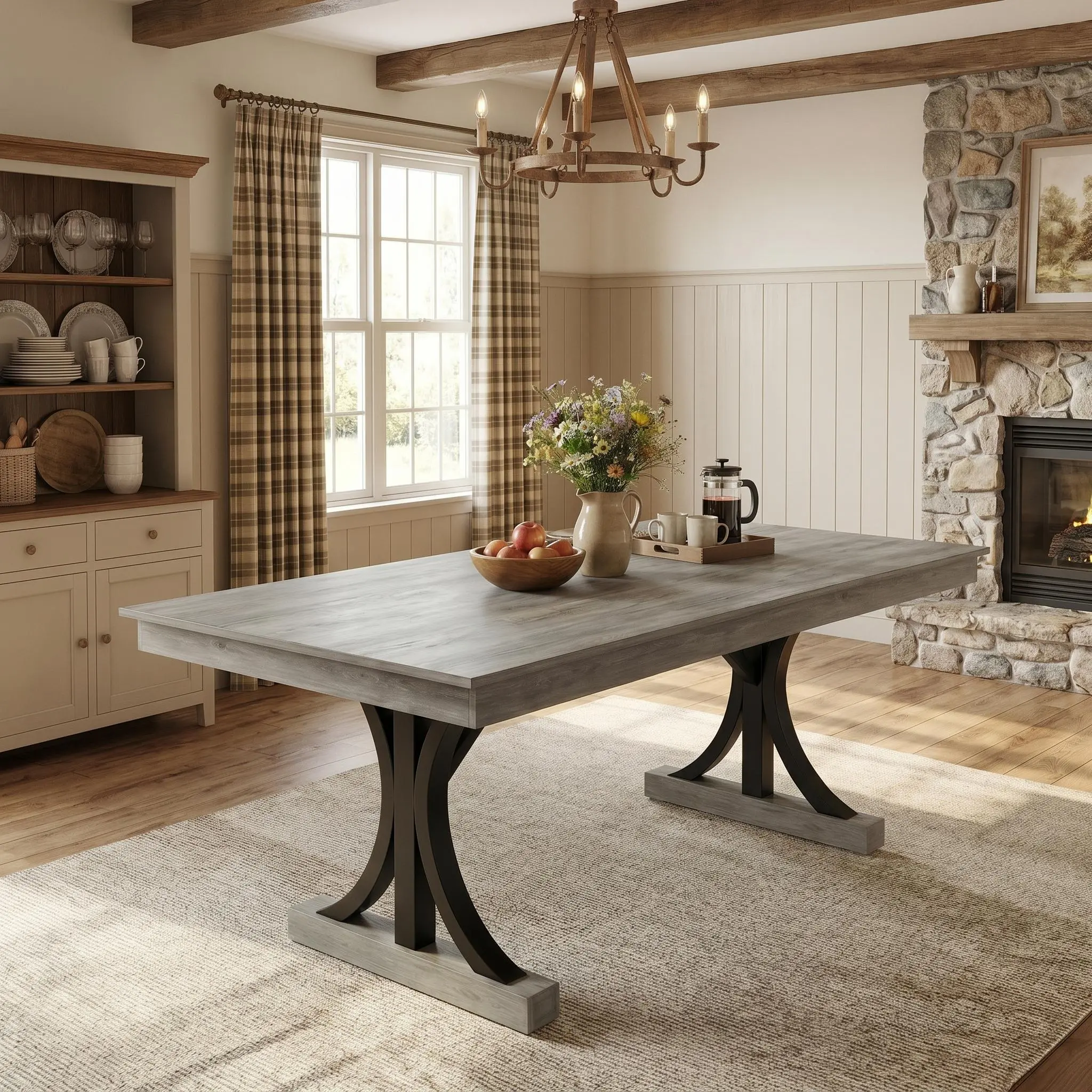 Farmhouse Wood Dining Table - 6-8 Seats, 70.87" Long Rectangular MDF+Steel Table with 2 Large Drawers for Storage Organization, Thick Top, Metal Base, Sturdy Frame for Big Family Dinette