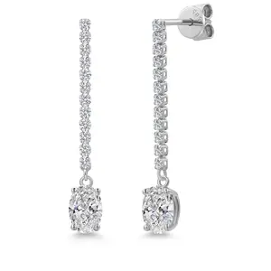 Gem Stone King 14K White Gold Gemstone Birthstone and White Lab Grown Diamond Long Liner Dangle Earrings for Women | Oval Cut 7X5MM | Round 1.5MM | White Gold Chain Drop Earrings