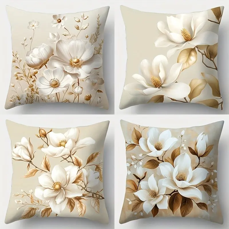 4-Pack Single-Sided Print Luxury Magnolia Pillow Covers, French Romantic Cream Color, 18x18 Inches, Washable, Living Room Sofa Bedroom Decorative Accessories