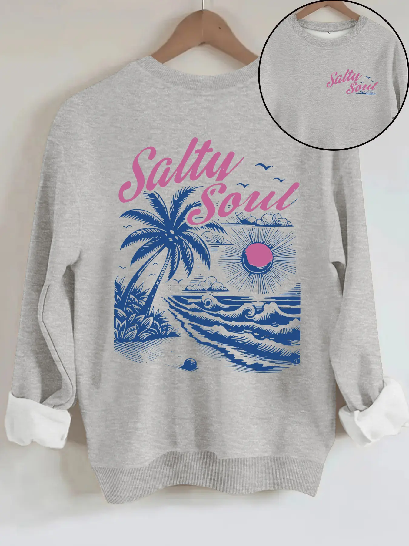 Women's Salty Soul Beach Sun Print Casual Round Neck Crewneck Fitted Long Sleeve Sweatshirt, Soft Pullover, Fall & Winter Essential, Top, Womenswear, Crew Neck Sweatshirts, Casual Pullover Tops
