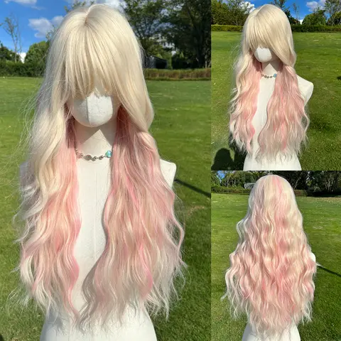 SMILCO/28Inch Highlight Platinum With Pink Long Wave With Bangs Synthetic Wig/SM556