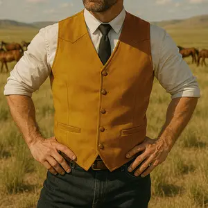 Men's Suede Leather Vest Vintage Cowboy Style Sleeveless Jacket Slim Fit Wedding Waistcoats