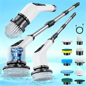 IPX7 Wireless Shower Electric Cleaning Brush Set, with 9 Replacement Brush Heads, 3-Speed Adjustable Extended Pole, LED Light, Suitable for Multi-scene and Multi-functional Cleaning in Kitchen, Bathroom, Toilet, Swimming Pool, Window, and Car Washable