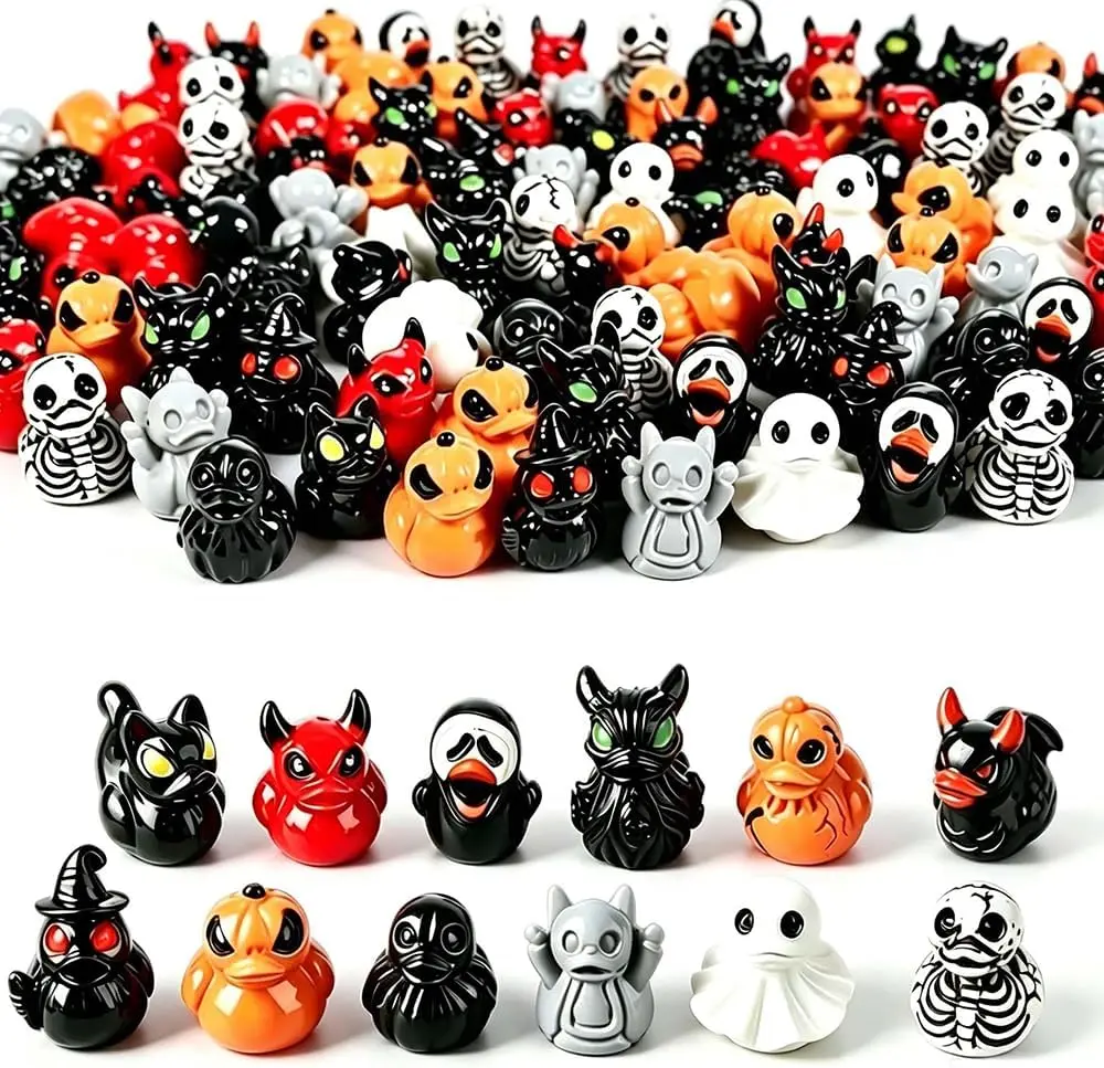 50/100Pcs  Mini Spooky Resin Ducks, Ghost Devil Skull Duck Figurines, Mini Fairy Garden & Desk Aesthetic Decor, Halloween Xmas Tabletop Ornaments, Novelty Party Favors & Small Holiday Gifts